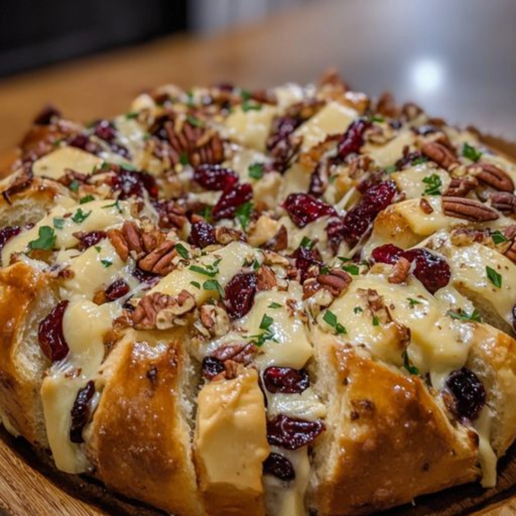 Cranberry Brie Pull-Apart Bread with melted cheese, cranberries, and pecans in a sourdough loaf.