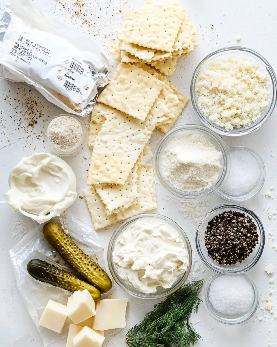 A close-up shot of all the ingredients needed for Dill Pickle Saltines