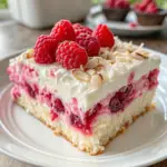 A slice of Raspberry Zinger Poke Cake topped with whipped cream and shredded coconut on a white plate