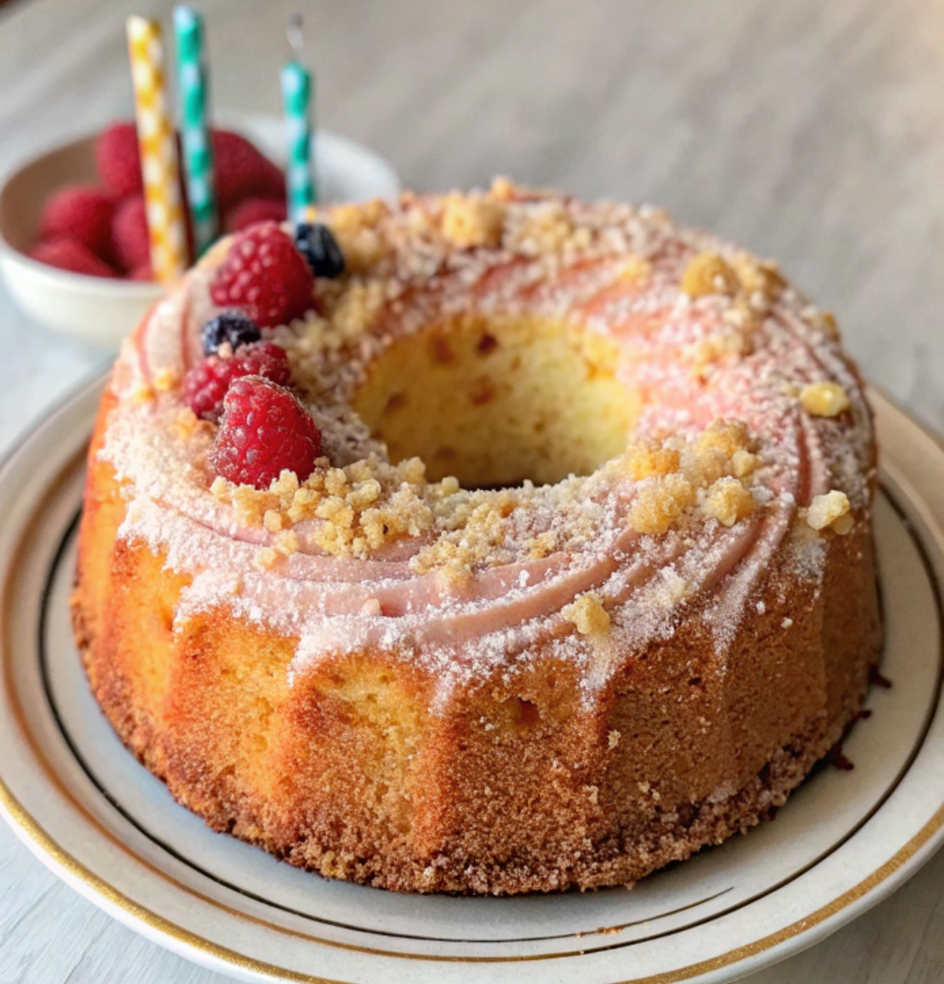 Golden bundt cake with a cinnamon-sugar topping, served on a decorative plate for a classic homemade dessert.