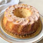 Golden bundt cake with a cinnamon-sugar topping, served on a decorative plate for a classic homemade dessert.