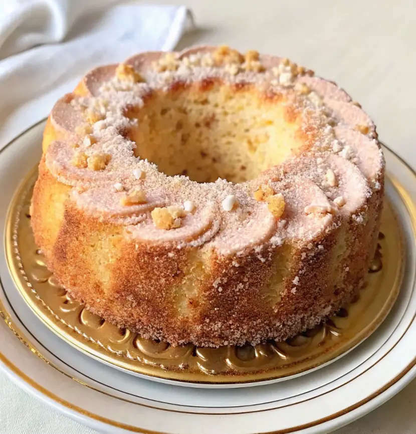 Golden bundt cake with a cinnamon-sugar topping, served on a decorative plate for a classic homemade dessert.