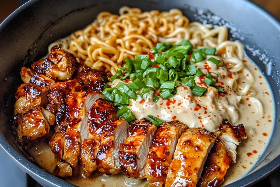 Fiery Chicken Ramen with Creamy Garlic Sauce