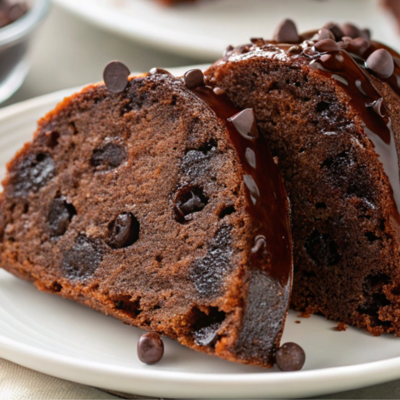 Moist Chocolate Chip Bundt Cake drizzled with chocolate glaze and topped with chocolate chips on a white plate