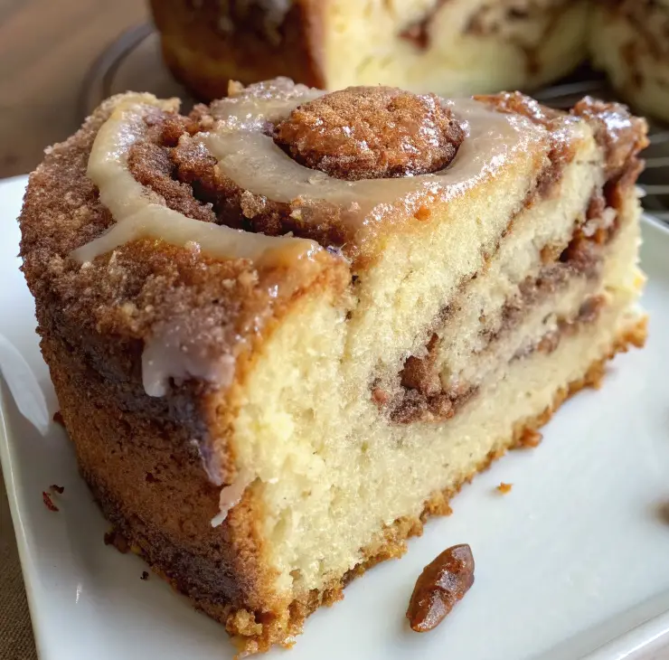 Close-up of Grandma's Cinnamon Coffee Cake with a golden brown cinnamon-sugar topping, served on a white plate, perfect for brunch or a cozy treat.