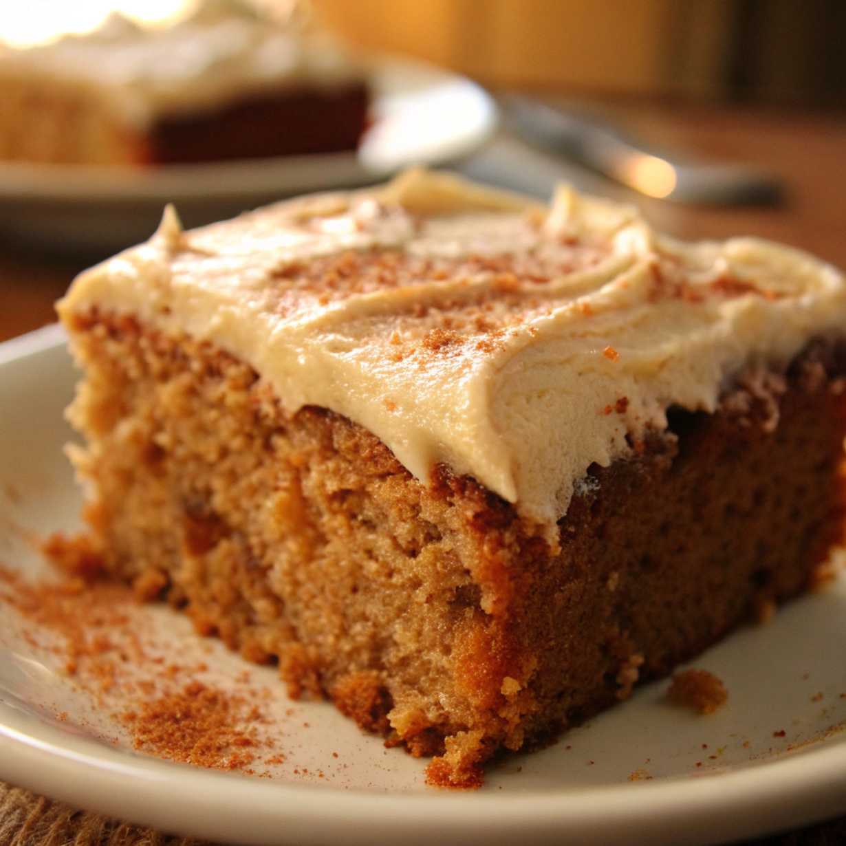 Close-up of a moist applesauce cake topped with creamy cinnamon cream cheese frosting, garnished with a light sprinkle of cinnamon, served on a white plate.