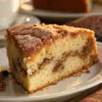 Close-up of Grandma's Cinnamon Coffee Cake with a golden brown cinnamon-sugar topping, served on a white plate, perfect for brunch or a cozy treat.