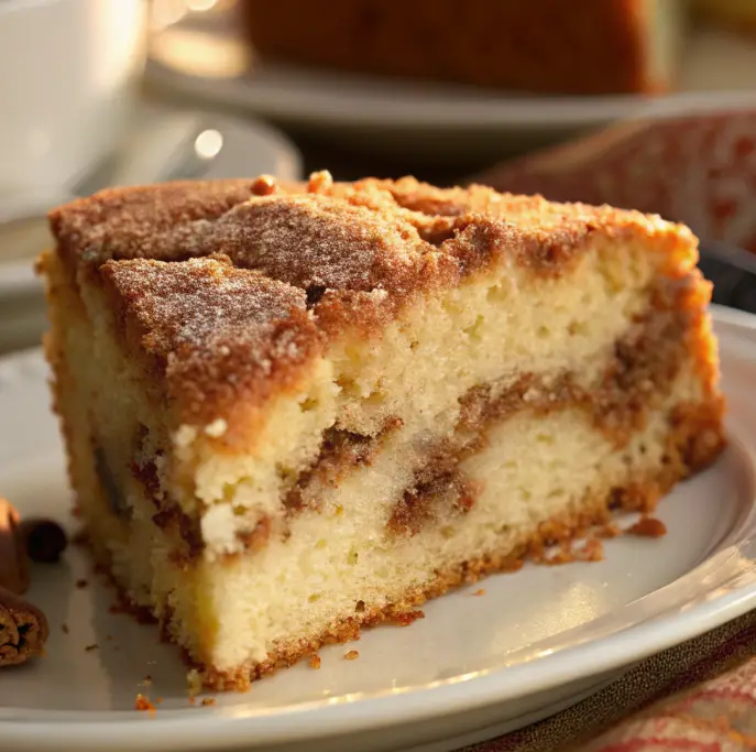 Close-up of Grandma's Cinnamon Coffee Cake with a golden brown cinnamon-sugar topping, served on a white plate, perfect for brunch or a cozy treat.