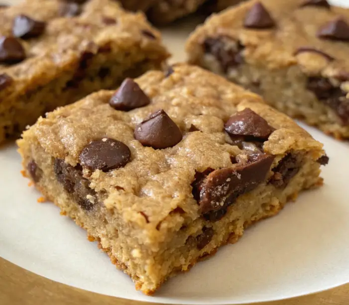 A plate of Mom’s Chocolate Chip Oatmeal Bars with gooey chocolate chips and a golden brown crust