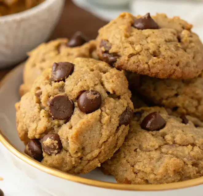 Close-up of 5-ingredient peanut butter oatmeal chocolate chip cookies on a cooling rack, showing their golden-brown texture with melted chocolate chips and oats.