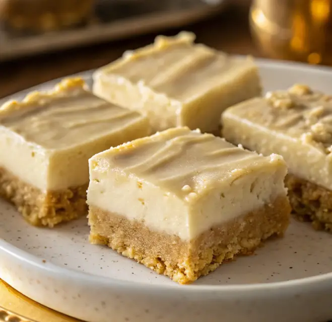 Close-up of creamy No-Bake Cookie Bars with a graham cracker crust and smooth filling, served on a white plate.