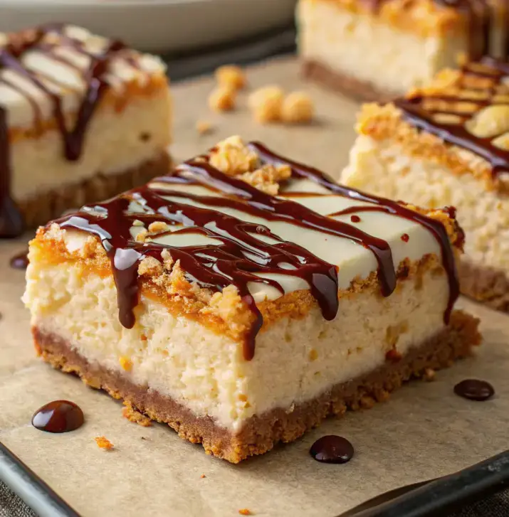 Close-up of Scotcheroo Cheesecake Bars with a creamy cheesecake layer, graham cracker crust, and chocolate-butterscotch drizzle.