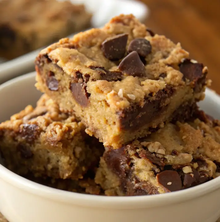 A bowl of Mom’s Chocolate Chip Oatmeal Bars with gooey chocolate chips and a golden brown crust