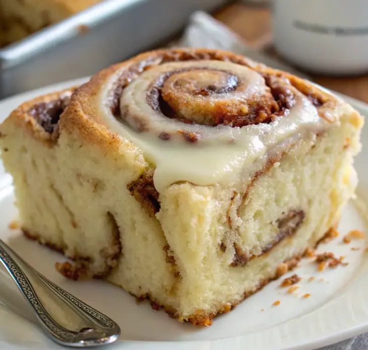 Close-up of Grandma's Cinnamon Roll Cake with a rich cinnamon swirl and cream cheese frosting