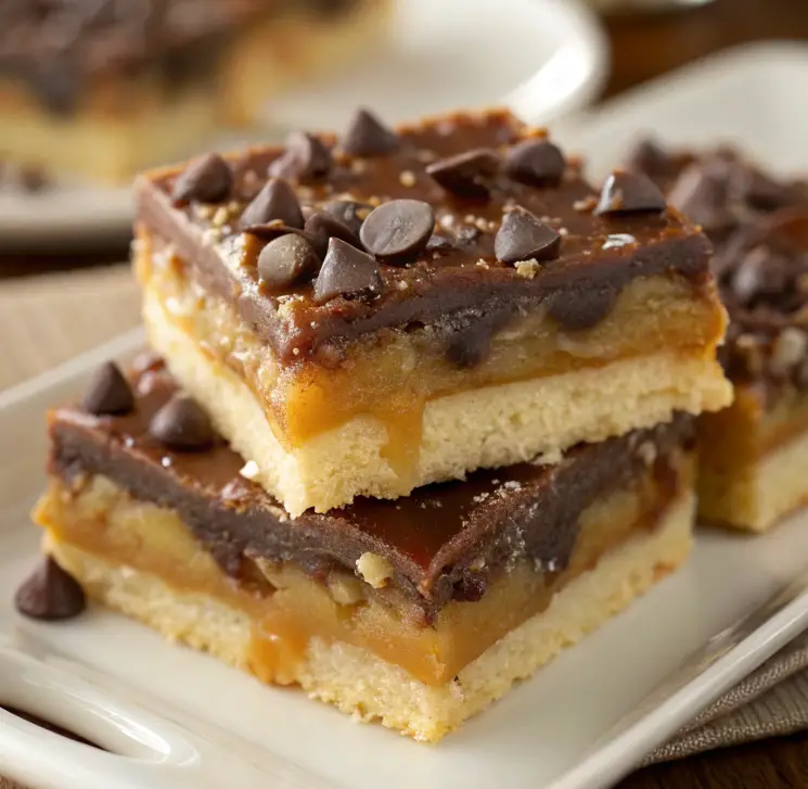 Stacked Millionaire’s Shortbread Bars with a buttery shortbread base, gooey caramel, and a rich chocolate topping, garnished with chocolate chips.