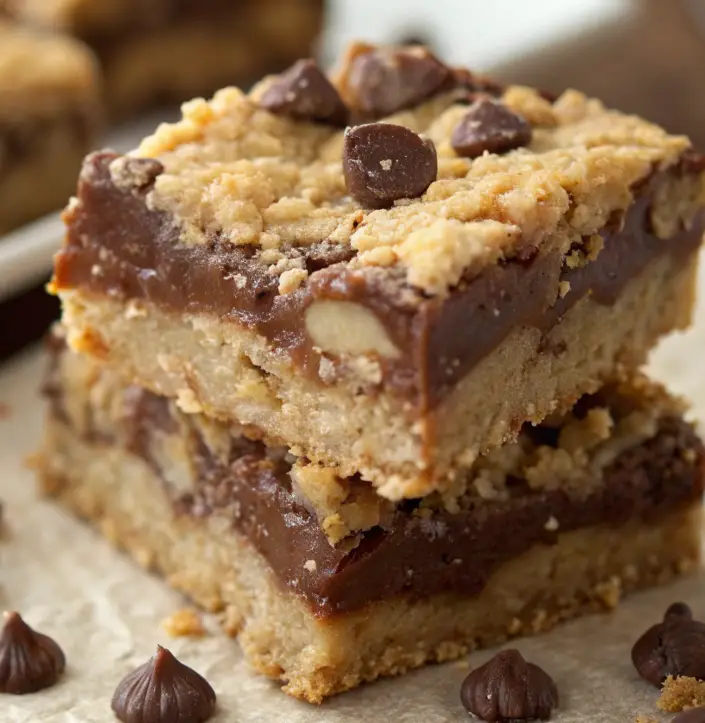 Stacked Oatmeal Fudge Bars with a crumbly oat topping and rich chocolate fudge filling on parchment paper.