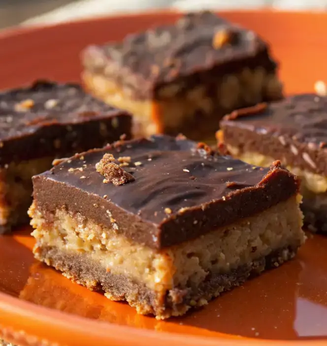 Stacked Oatmeal Fudge Bars with a crumbly oat topping and rich chocolate fudge filling on parchment paper.