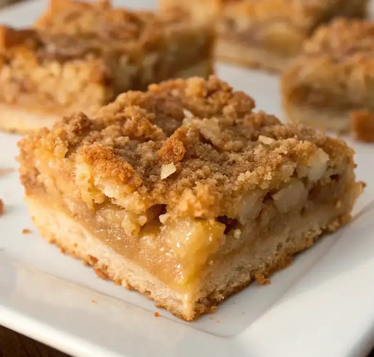 Close-up of Apple Crumb Bars with a buttery crust, cinnamon-spiced apple filling, and a golden crumb topping on a white plate.