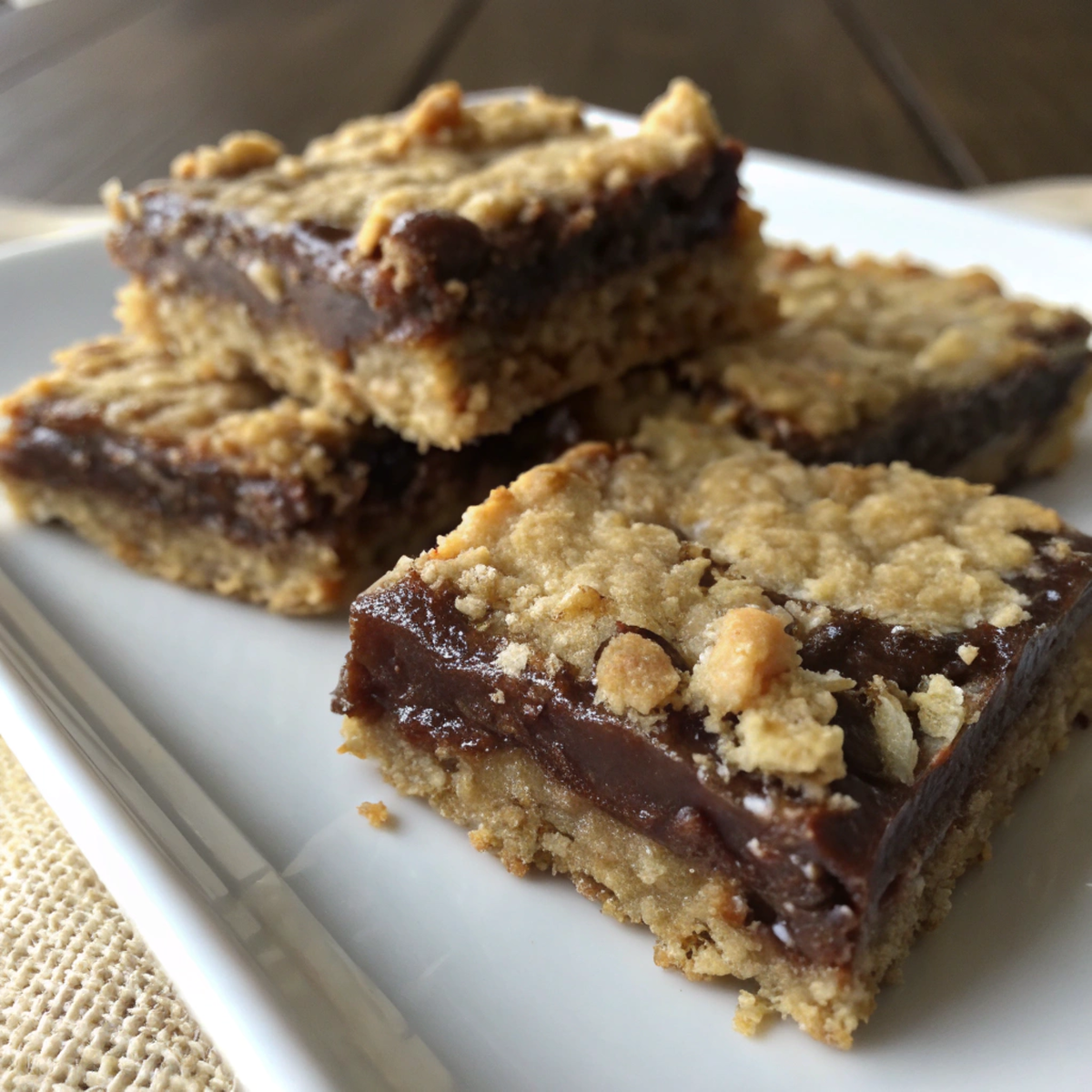 Stacked Oatmeal Fudge Bars with a crumbly oat topping and rich chocolate fudge filling on parchment paper.