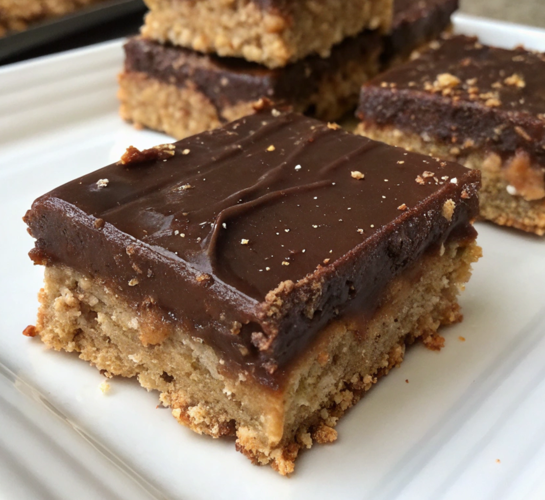 Stacked Oatmeal Fudge Bars with a crumbly oat topping and rich chocolate fudge filling on parchment paper.