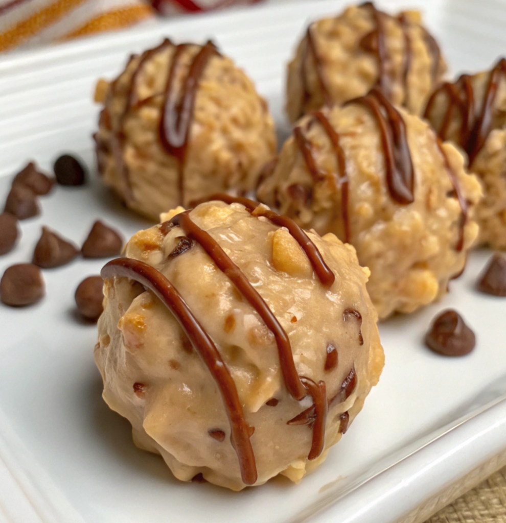 Close-up of Scotcheroo Truffles coated in chocolate and butterscotch, arranged on a parchment-lined tray.