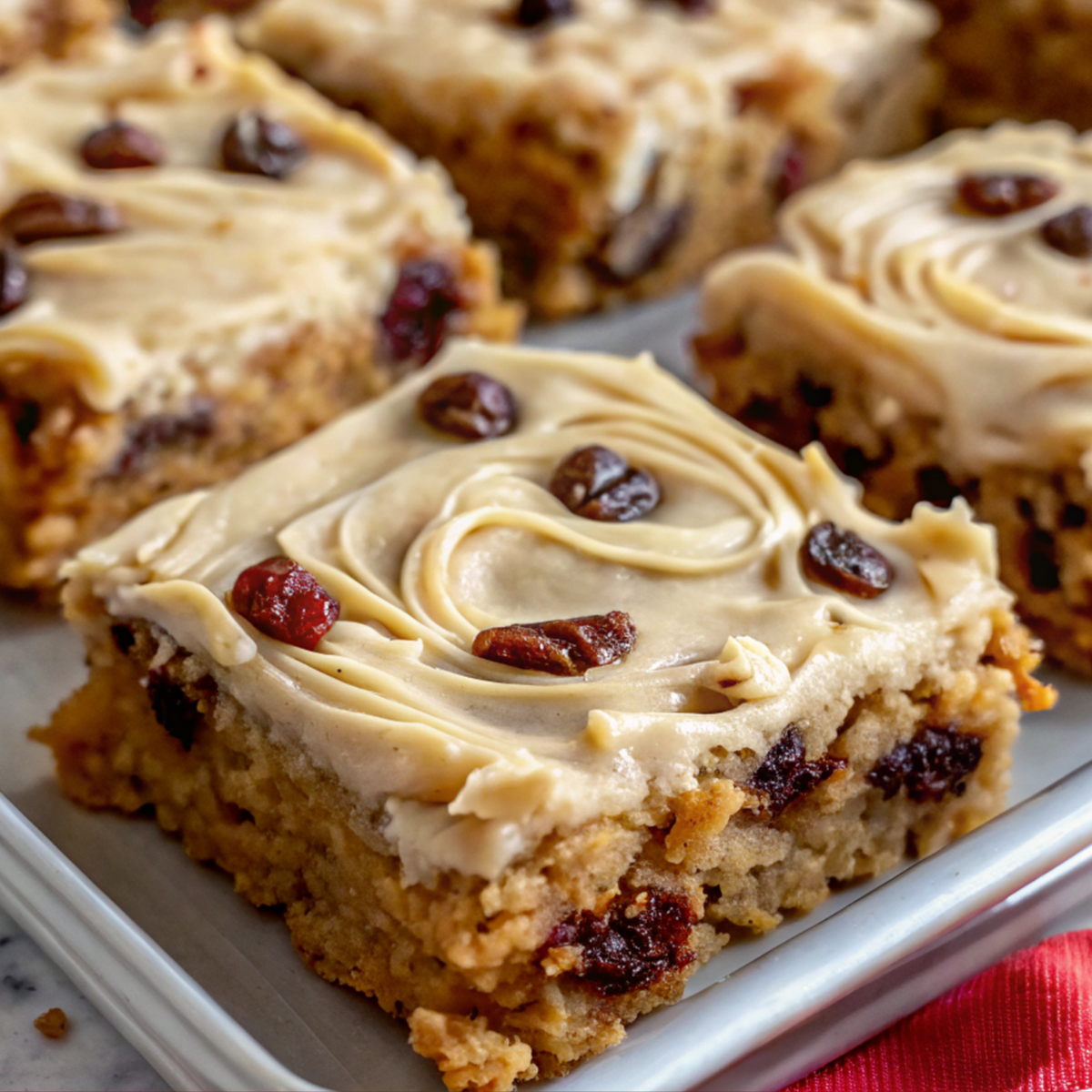 Oatmeal Raisin Cookie Bars in a white plate