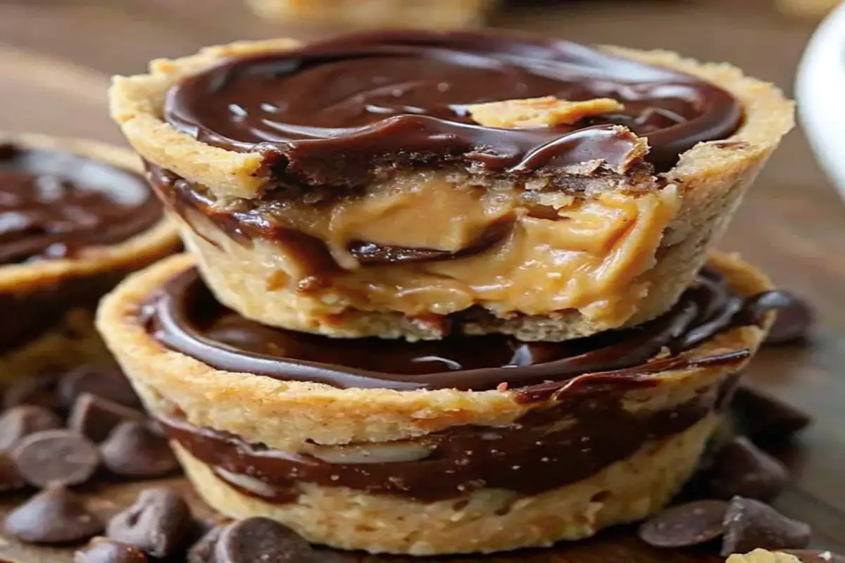 Close-up of two stacked Keto Mini Chocolate Peanut Butter Pies with a golden almond flour crust, creamy peanut butter filling, and a rich chocolate topping. A bite is taken from the top pie, revealing the delicious layers.