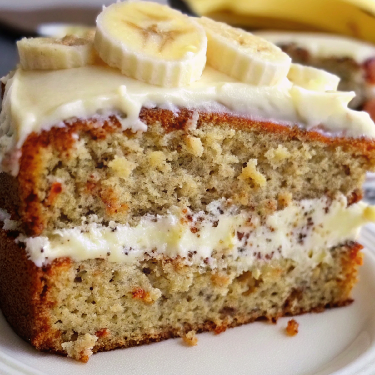 Banana Bread Cake with Cream Cheese Frosting in a white plate