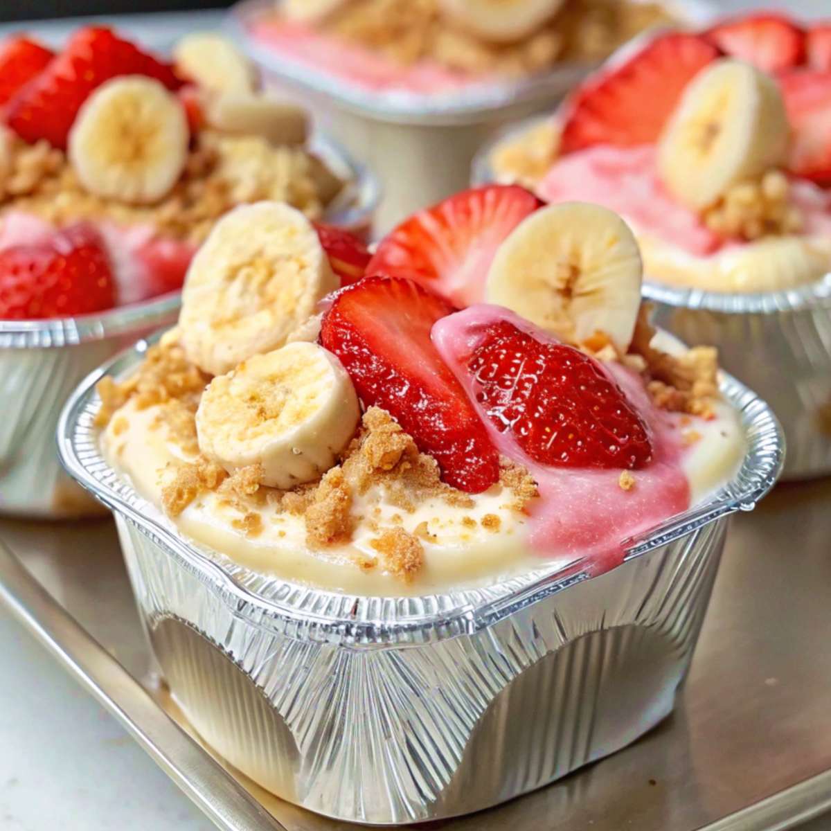 Strawberry Cheesecake Banana Pudding in aluminium cups