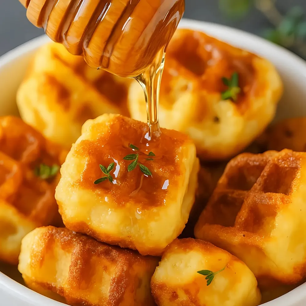 Cornbread Waffle Bites with Smoked Gouda and Honey