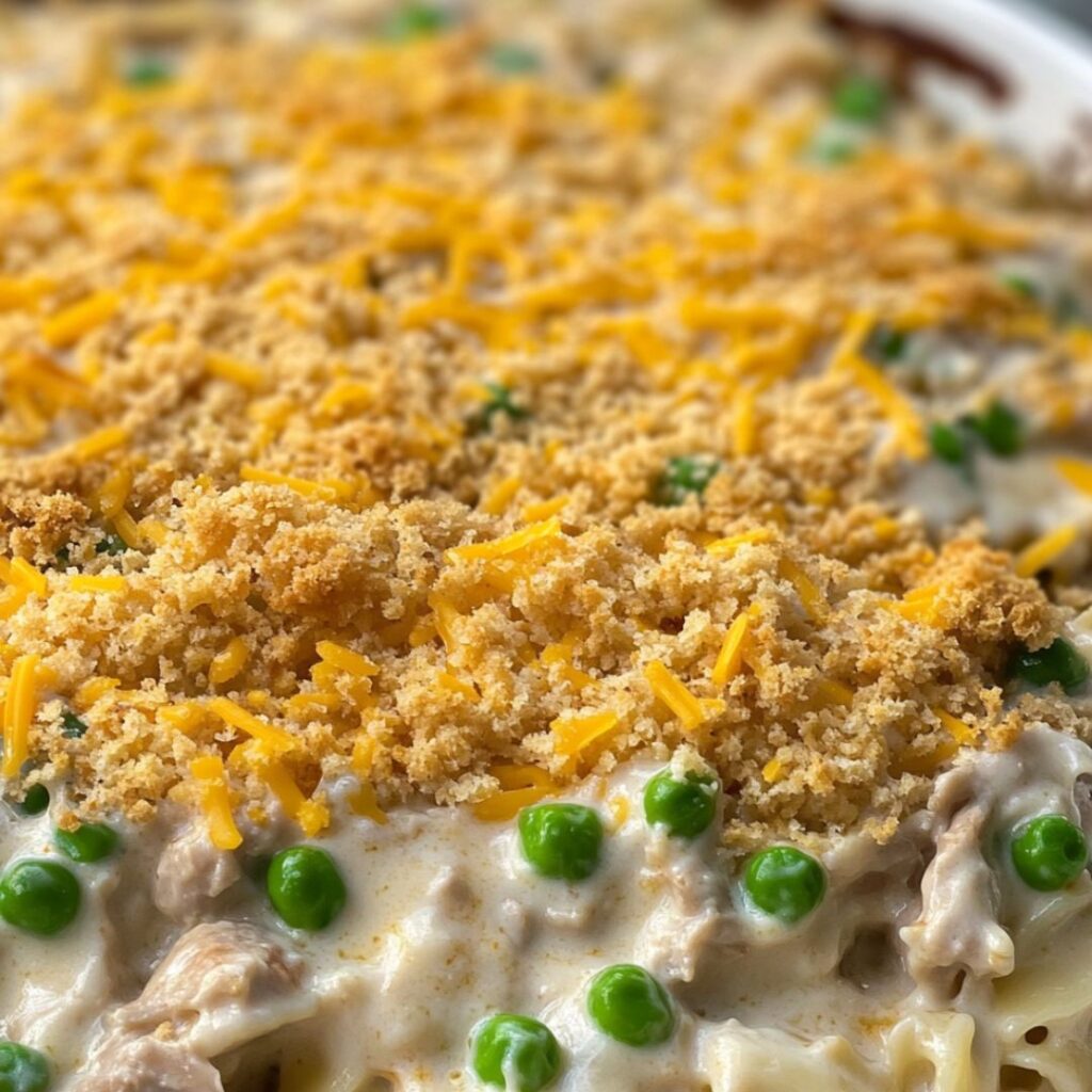 Creamy tuna noodle casserole with golden breadcrumb topping fresh out of the oven