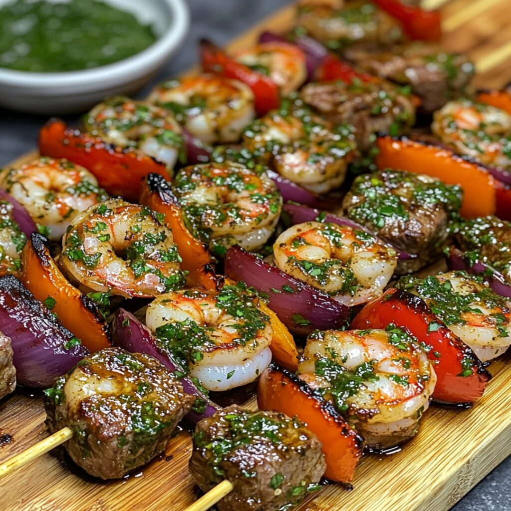 Grilled Surf & Turf Skewers with steak, shrimp, peppers, and onions served with chimichurri sauce on a platter.