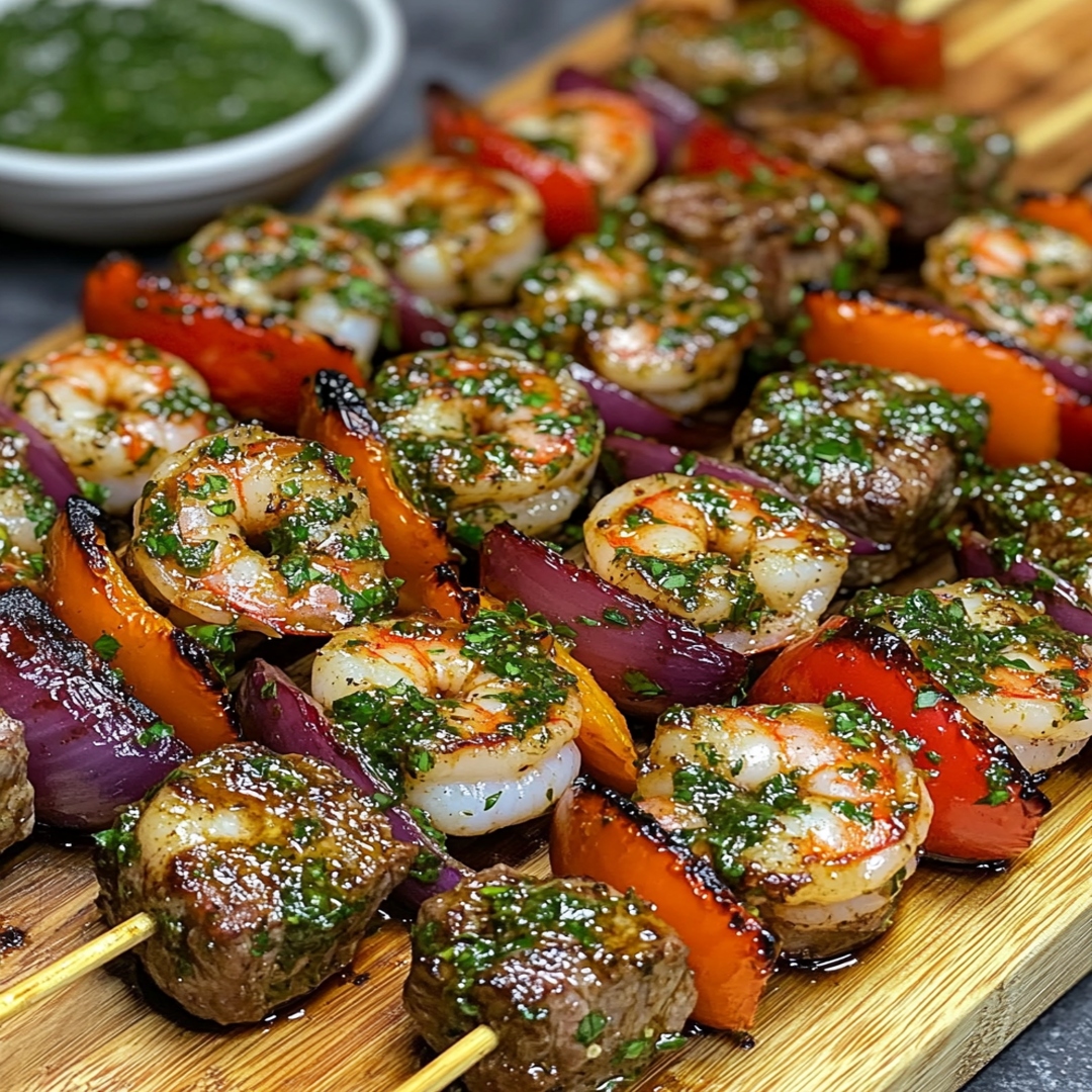 Grilled Surf & Turf Skewers with steak, shrimp, peppers, and onions served with chimichurri sauce on a platter.