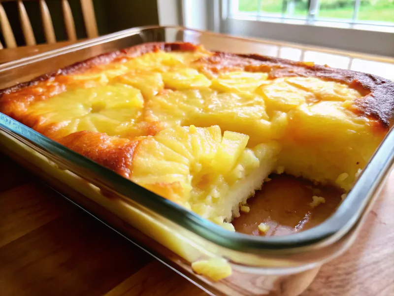Juicy pineapple heaven cake baked in a glass 9x13 dish, with one slice removed revealing the moist yellow cake and creamy pineapple topping.