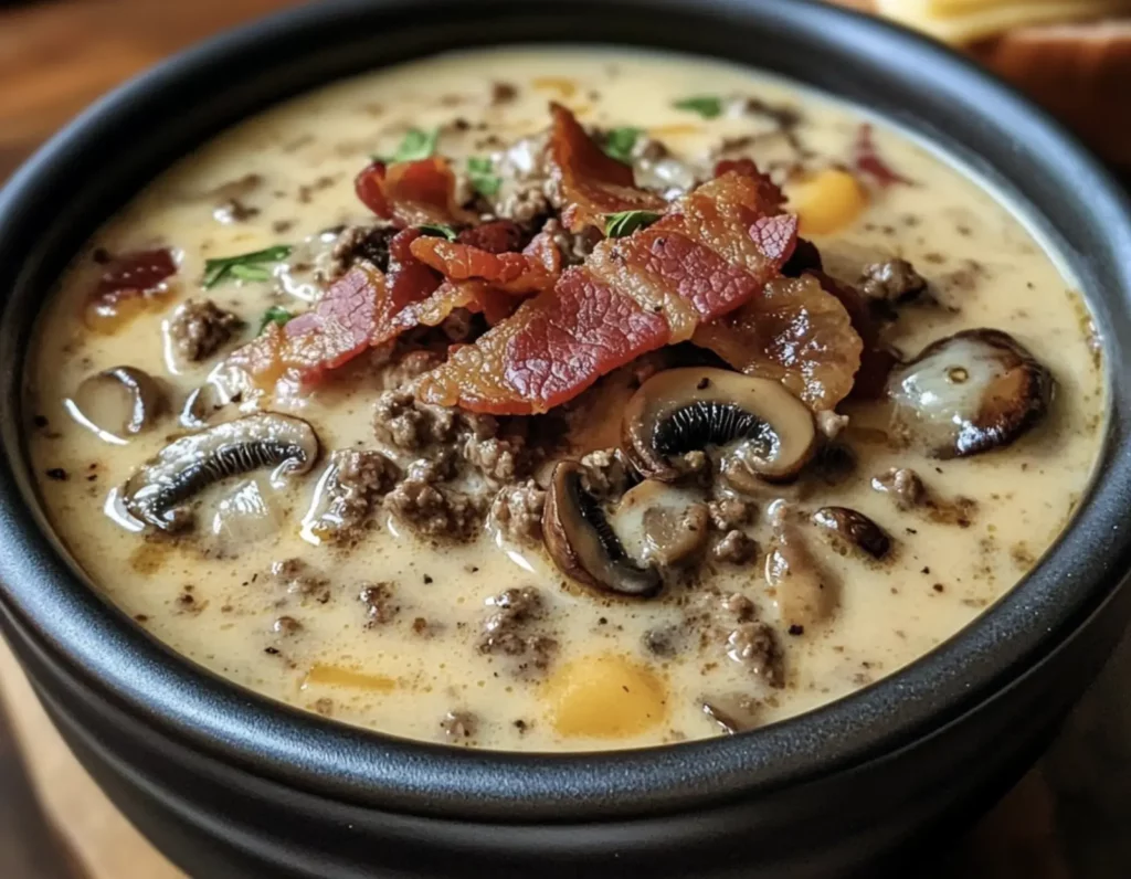 Bacon mushroom Swiss cheeseburger soup