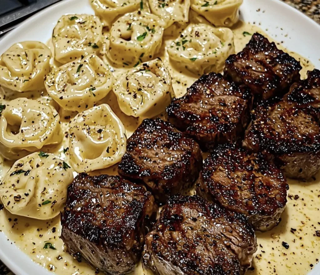 Garlic Butter Steak Bites and Pesto Alfredo Tortellini
