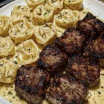 Garlic Butter Steak Bites and Pesto Alfredo Tortellini