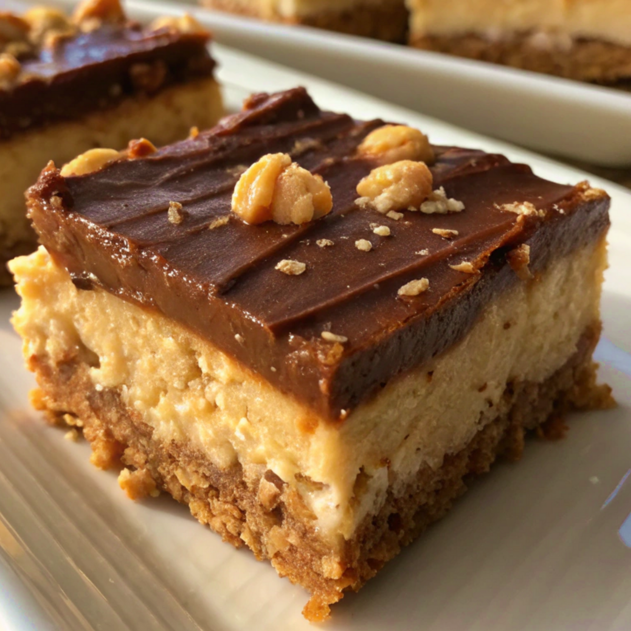 Scotcheroo Cheesecake Bars on a white plate