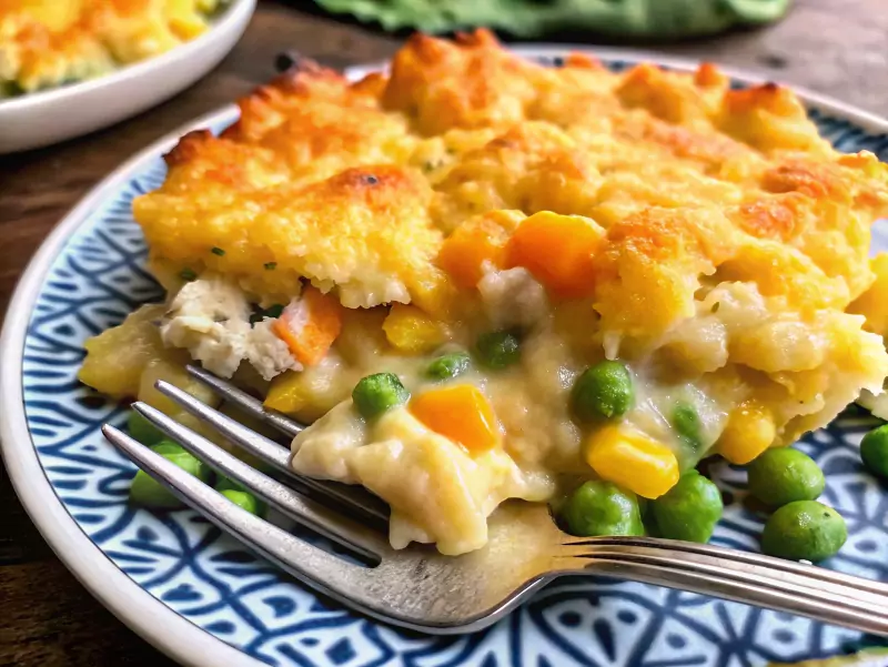 Baked chicken cobbler casserole in a 9x13 dish showing the golden brown Cheddar Bay Biscuit topping over chicken and vegetables.