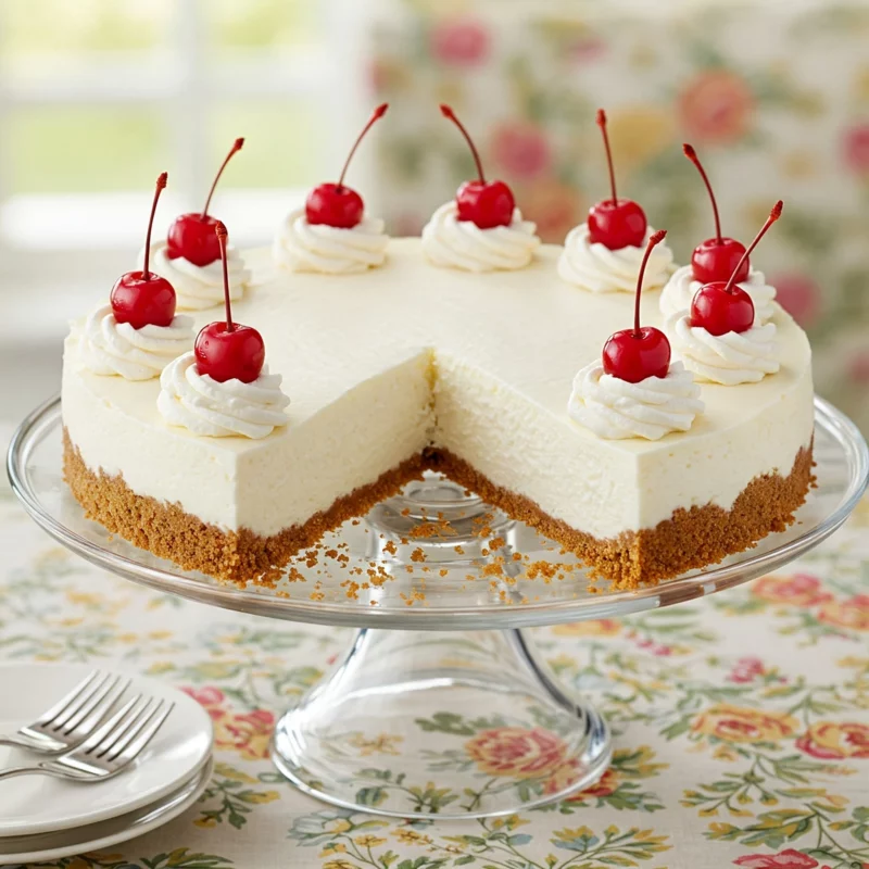 No-bake Heaven on Earth cheesecake on glass stand, slice removed, showing graham cracker crust, creamy filling, and cherry topping.