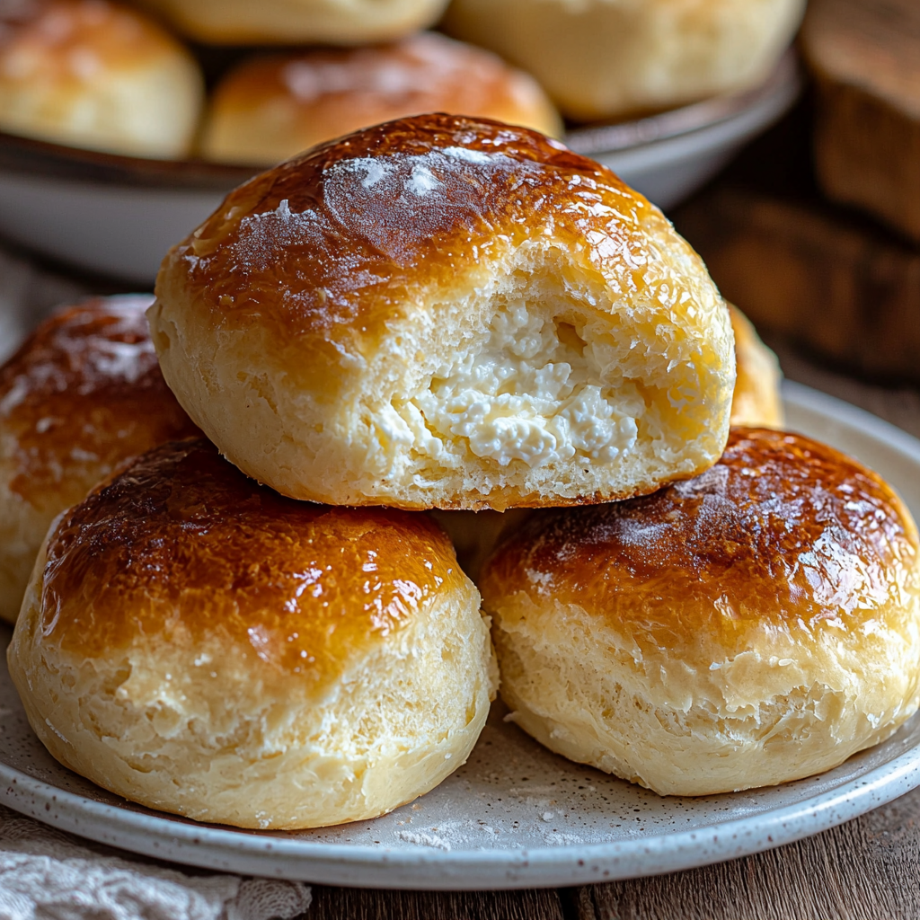 Freshly baked easy cottage cheese rolls on a wooden board, golden and fluffy