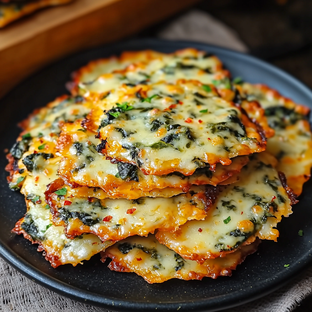 Spinach Dip Cheese Crisps stacked on a black plate, golden brown and crispy with melted cheese and spinach