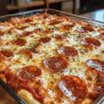 Baked keto pizza casserole topped with melted mozzarella and pepperoni slices in a glass dish