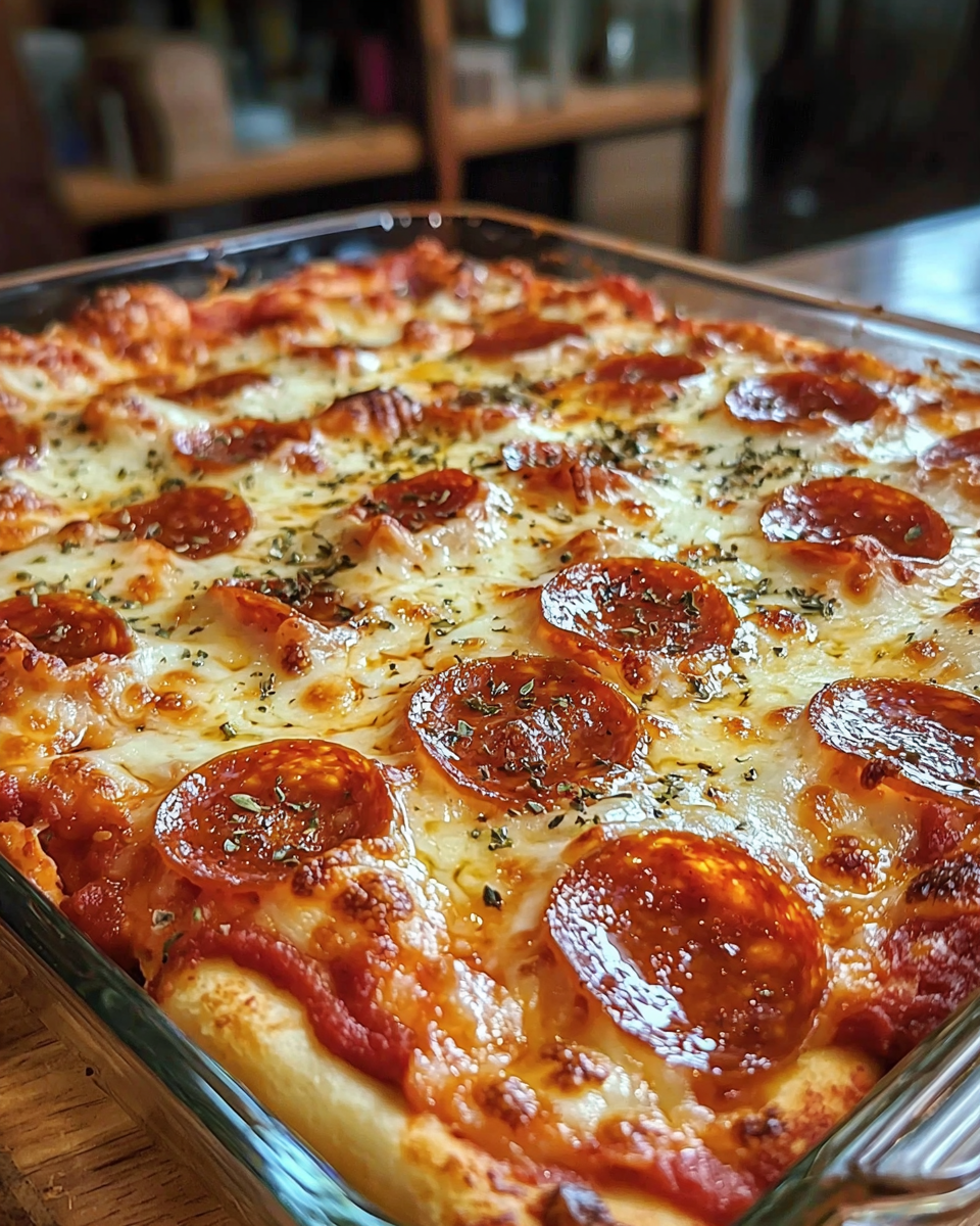 Baked keto pizza casserole topped with melted mozzarella and pepperoni slices in a glass dish