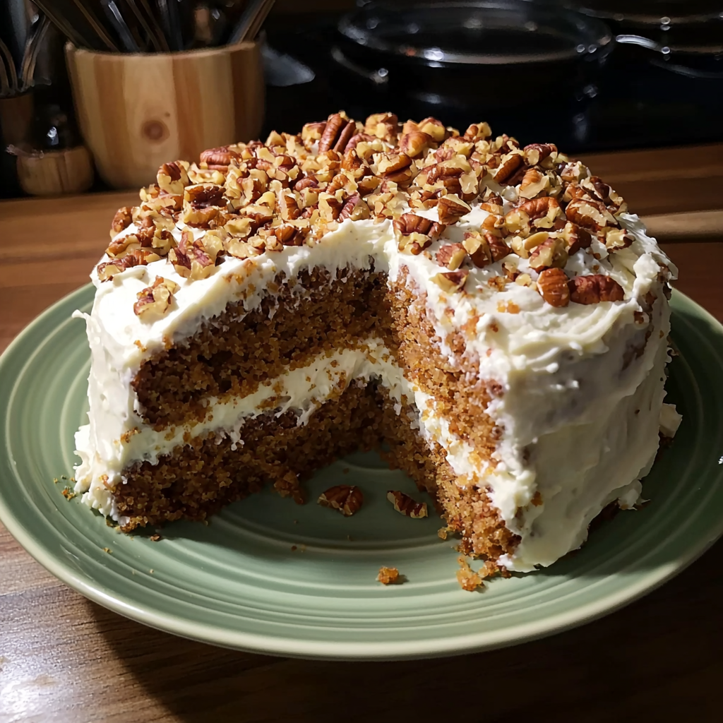 Layered keto carrot cake topped with chopped pecans and sugar-free cream cheese frosting on a green plate