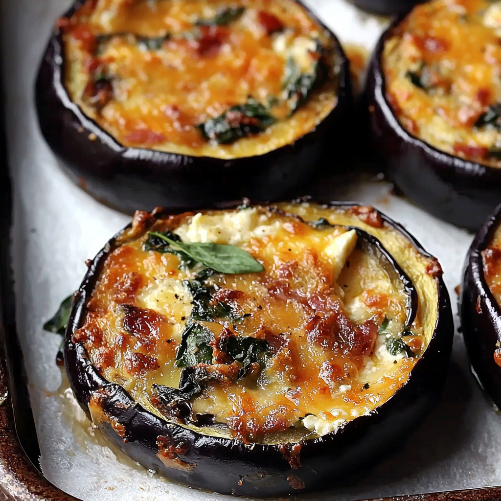 Stuffed eggplant rounds with spinach and melted cheese baked to golden perfection