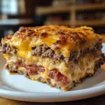 Low carb cheeseburger casserole baked with ground beef, cheese, and crispy bacon in a casserole dish