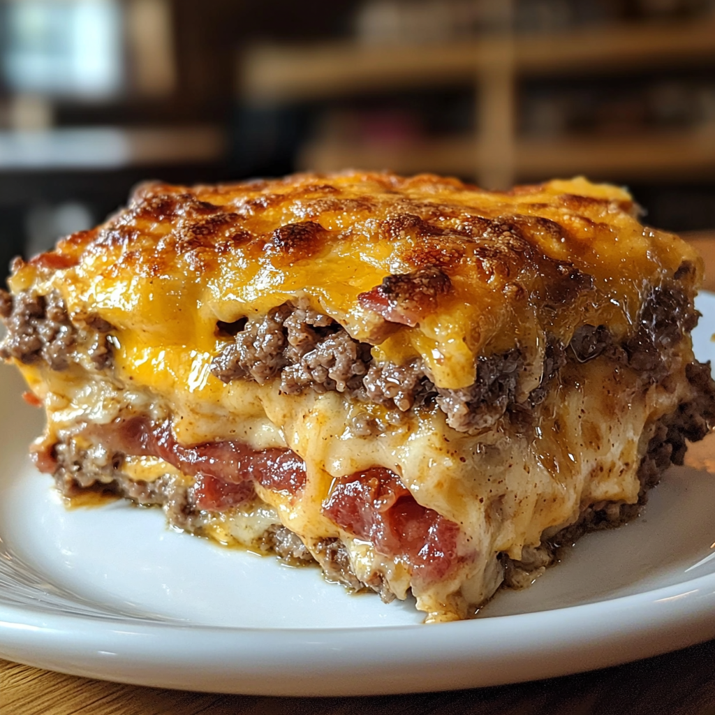 Low carb cheeseburger casserole baked with ground beef, cheese, and crispy bacon in a casserole dish