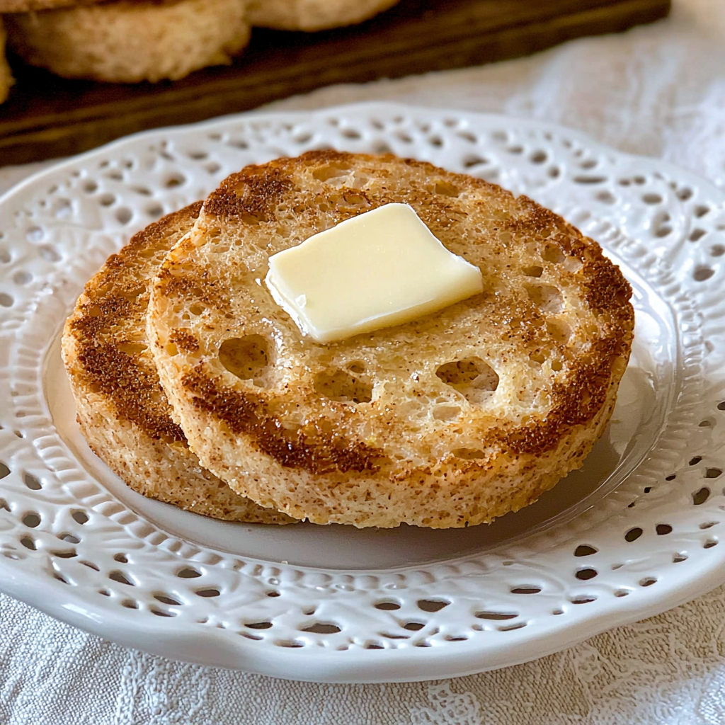 Toasted keto English muffin with golden crust and a pat of melting butter on a white plate