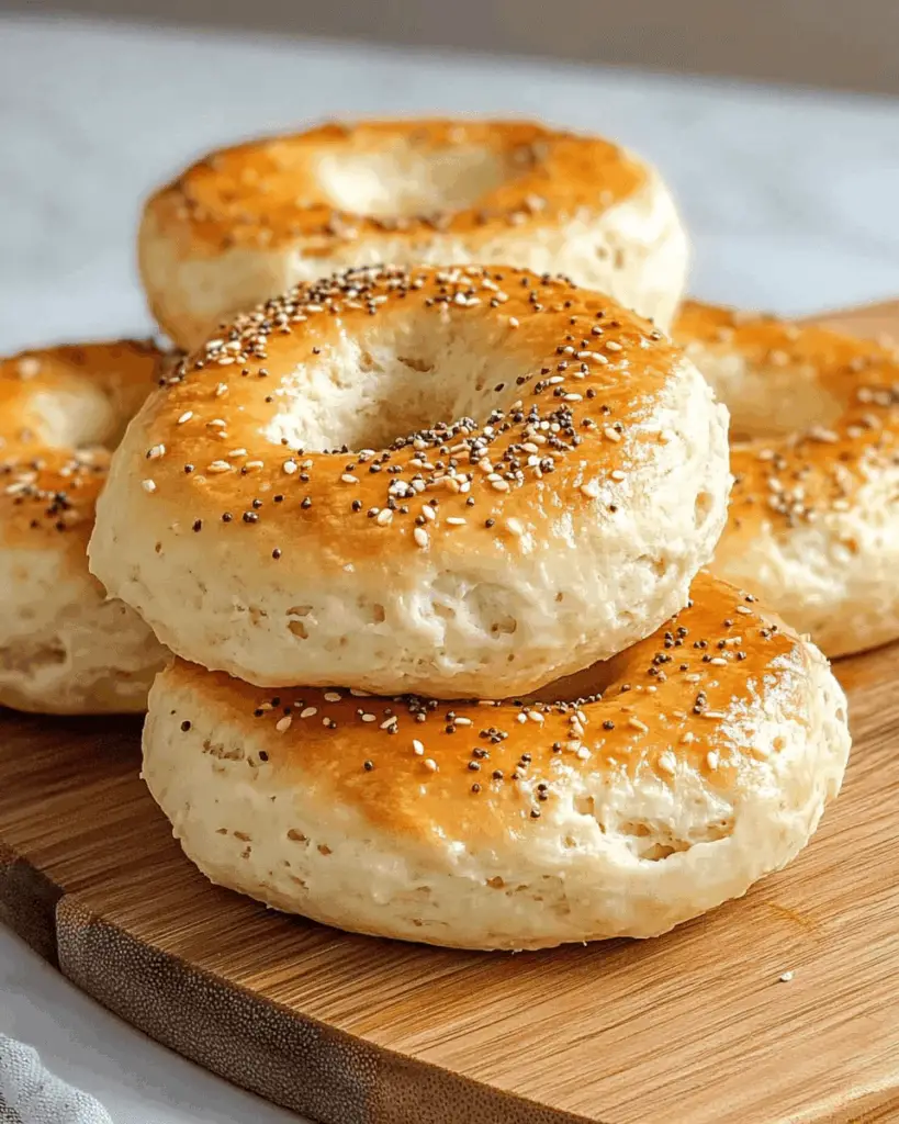 Freshly baked cottage cheese bagels topped with everything seasoning on a wooden board